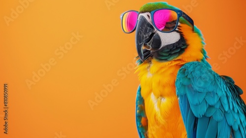 A cheerful parrot, wearing colorful sunglasses, perches on the right side of a bright orange background, with ample room on the left for text, ideal for promoting pet-friendly vacations. 