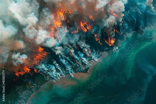 Bird's-eye view of environmental catastrophe caused by wildfires in the South American Amazon region. photo