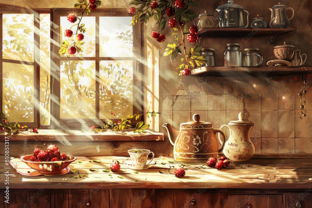 A painting of a kitchen with a window and fruit on the counter. Suitable for interior design projects