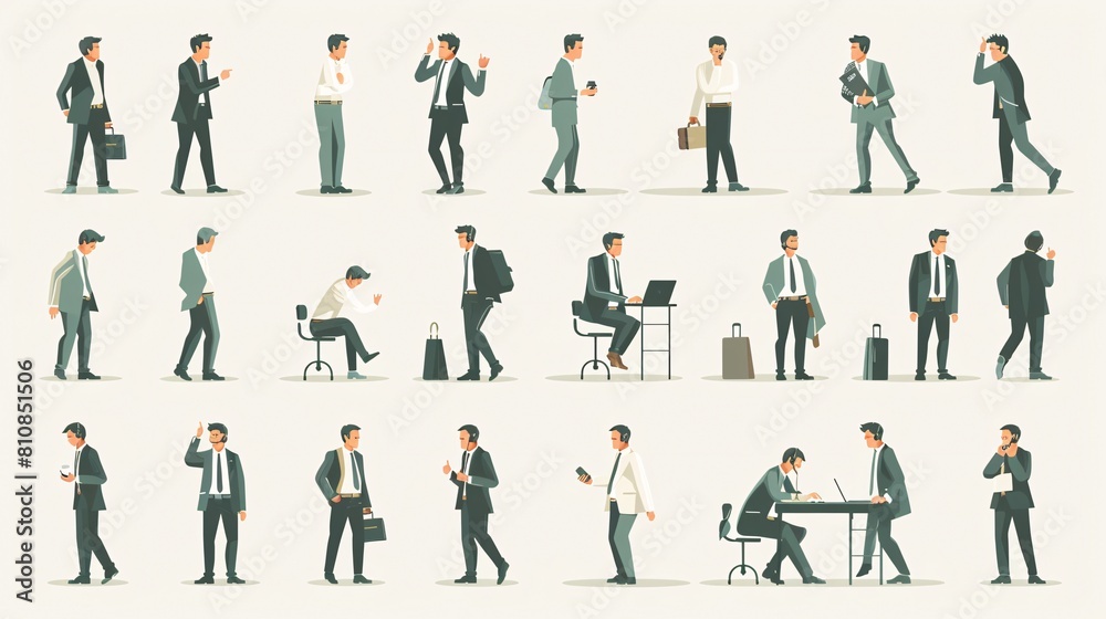 Various Poses of Businessmen in Suits for Corporate Illustration
