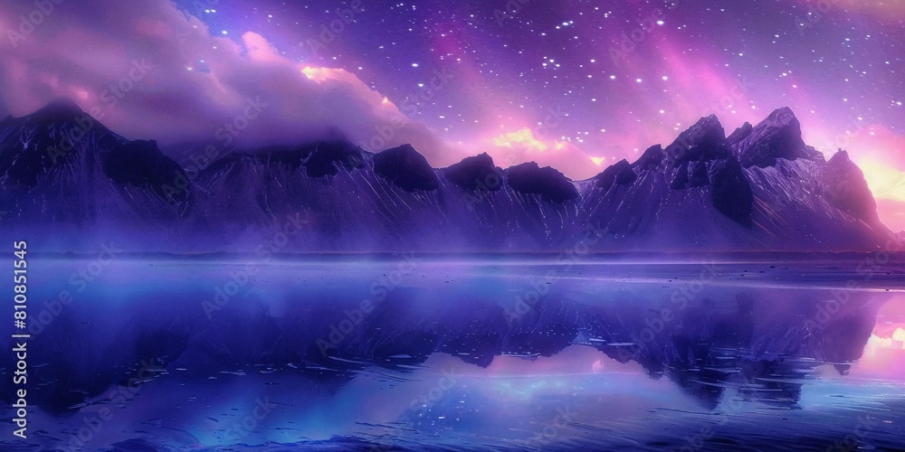 Mystical Mountain Landscape with Northern Lights and Reflective Lake under Starry Sky
