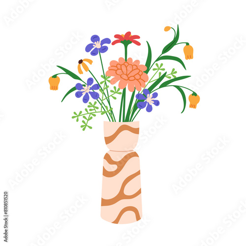 Summer bouquet, floral arrangement in vase. Blossomed field flowers mix, meadow blooms, wildflower bunch. Natural decoration. Gentle gift. Flat vector illustration isolated on white background © Good Studio