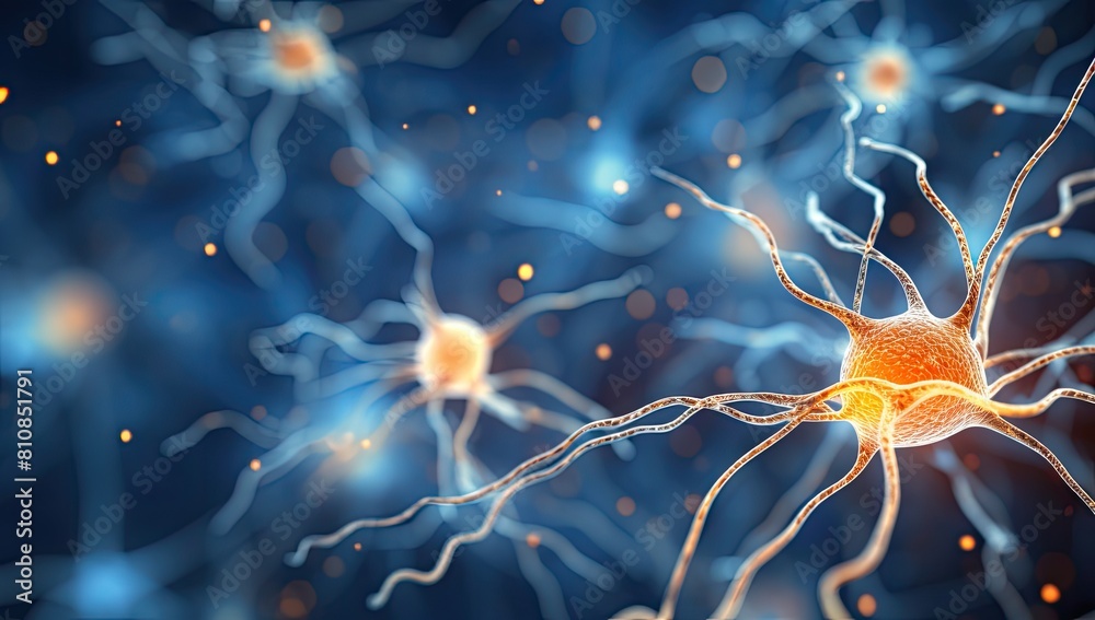 Fototapeta premium A close up of a bunch of neurons with a yellow blob in the middle. The neurons are connected to each other and are in a blue background