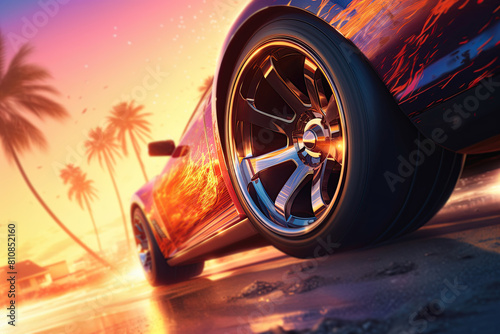 Closeup of a Muscle car wheels drifting on the road at sunset. Ai Generative