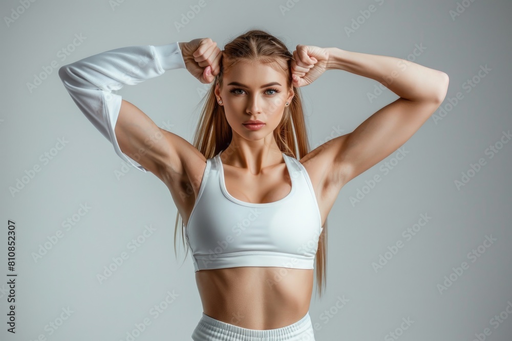 Fototapeta premium A beautiful young woman in a white sports bra top. Perfect for fitness and active lifestyle concepts