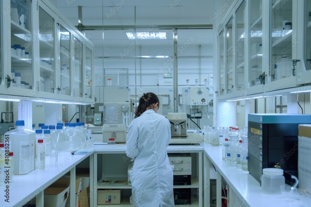 A woman in a lab coat standing in front of a counter. Perfect for scientific and medical concepts A woman in a lab coat standing in front of a counter. Perfect for scientific and medical concepts