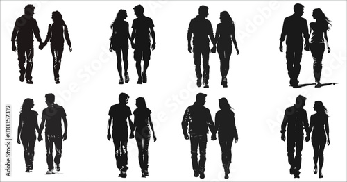 Silhouettes of young couple walking together holding hands, Beautiful romantic couple holding hands, Couple silhouettes, Couple holding hands, A couple of young people silhouettes