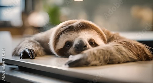 Tired sloth sleeping at the table in the office fatigue laziness and slowness at work photo