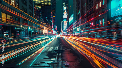 dynamic light trails in urban environments create a mesmerizing effect  as seen through the lens of a camera capturing a bustling street scene with a mix of vehicles  pedestrians 