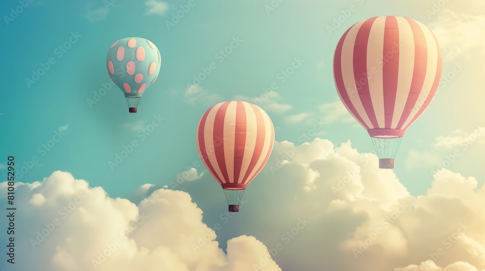 Fototapeta premium Three hot air balloons are flying in the sky, with one of them being pink