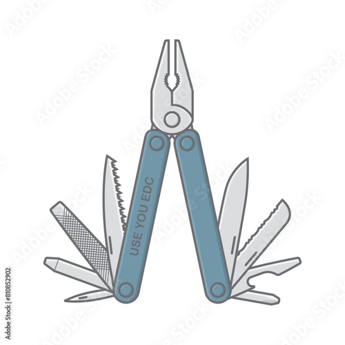 Vector image of a multitool with the words "USE YOU EDC" written on it. It is shown in the open position. Isolated on white background