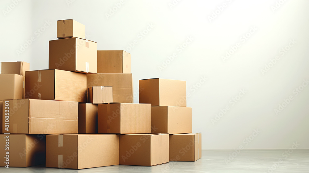 Brown cardboard boxes of different sizes on a white floor background, Moving, storage and delivery concept Brown cardboard boxes of different sizes on a white floor background, Moving, storage and delivery concept