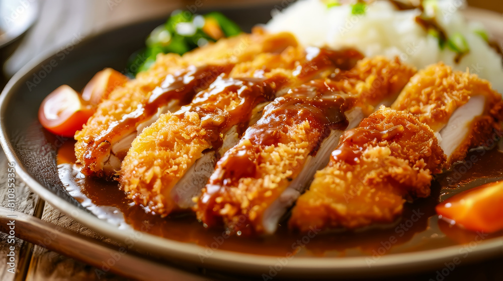 A plate of Japanese katsu with rice and curry on a wooden table