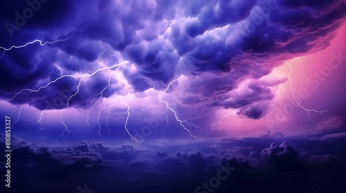 Spectacular View of Lightning Bolts Illuminating a Stormy Purple Sky