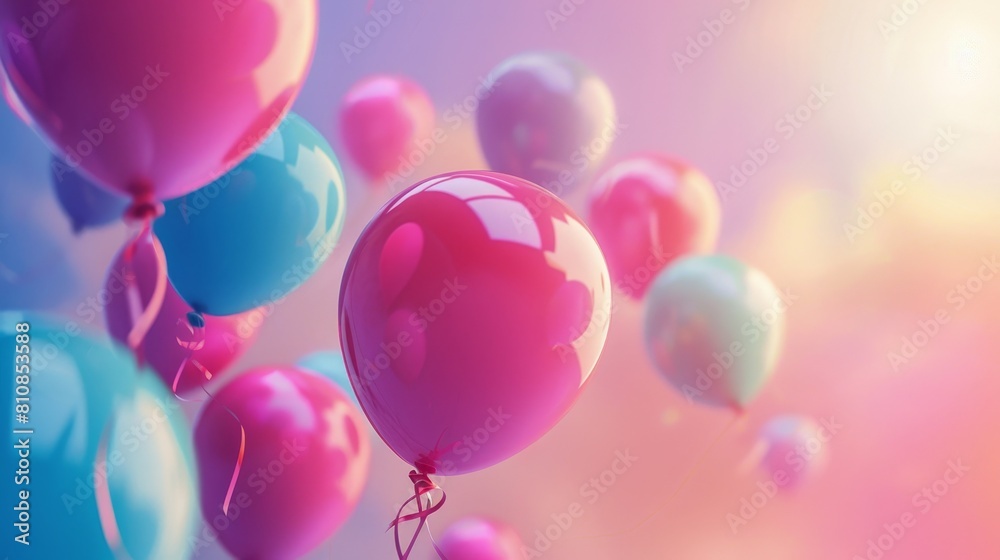 A pink balloon is floating in the sky above a blue and pink landscape