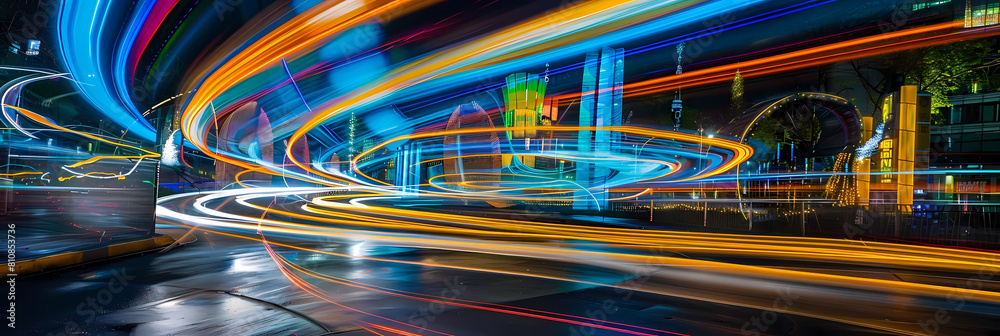dynamic light trails in urban jungle with a building in the foreground dynamic light trails in urban jungle with a building in the foreground