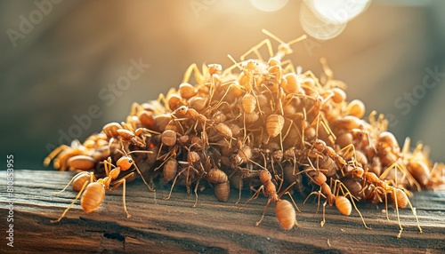 Macro image of a large group of ants in their natural environment. © jasniulak