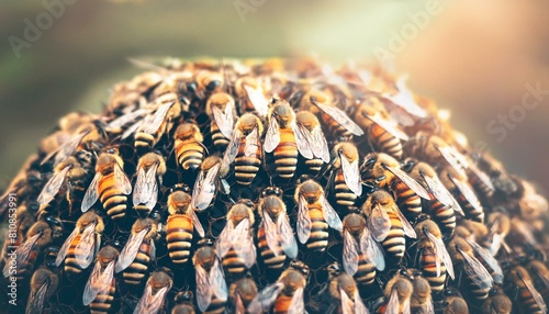 Macro image of a large group of bees in their natural environment.