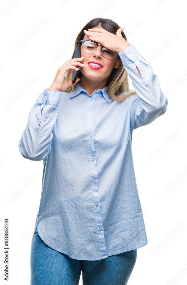 Young beautiful business woman speaking calling using smartphone over isolated background stressed with hand on head, shocked with shame and surprise face, angry and frustrated. Fear and upset Young beautiful business woman speaking calling using smartphone over isolated background stressed with hand on head, shocked with shame and surprise face, angry and frustrated. Fear and upset