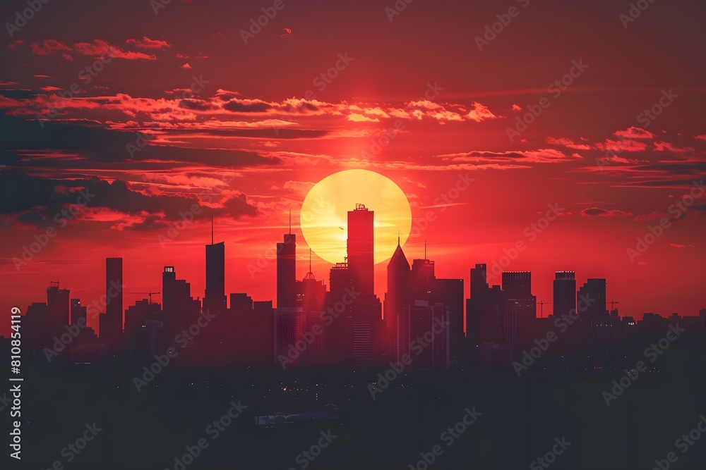 City skyline with a vibrant red sun setting City skyline with a vibrant red sun setting