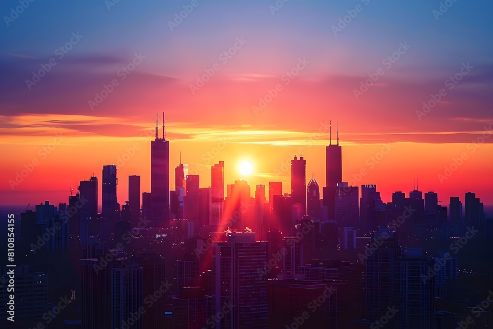 Cityscape with a radiant sun setting