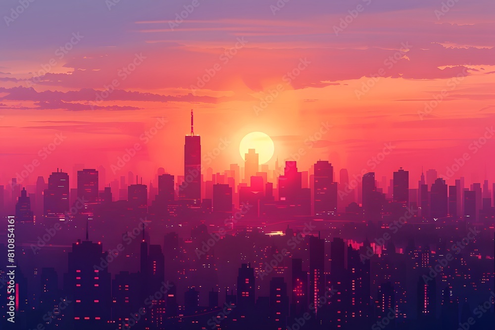 City skyline at dusk with a radiant sun