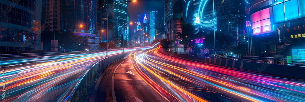 dynamic light trails in urban jungle with tall buildings and a blue building in the foreground dynamic light trails in urban jungle with tall buildings and a blue building in the foreground