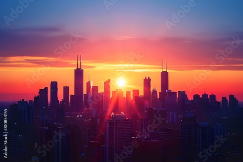Cityscape with a radiant sun setting