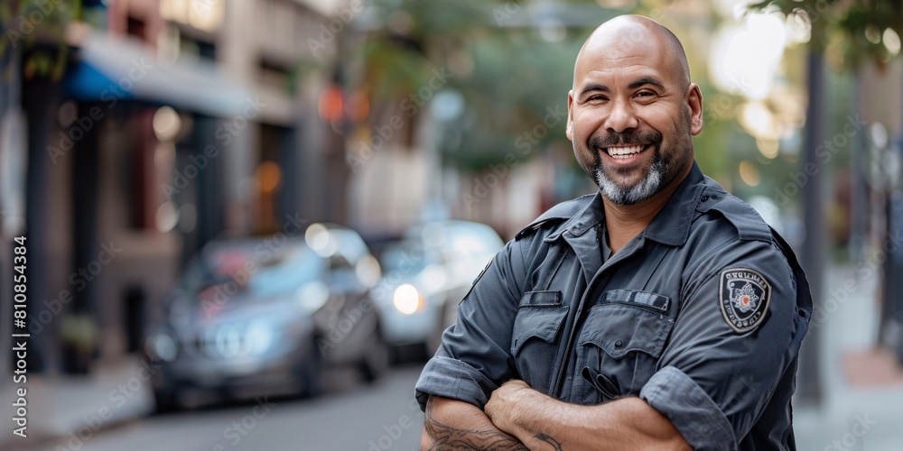 Contented male figure and guard with crossed arms in urban area for professional security or outdoor safeguarding. Masculine individual law enforcer or agent grins with assurance in legal control Contented male figure and guard with crossed arms in urban area for professional security or outdoor safeguarding. Masculine individual law enforcer or agent grins with assurance in legal control