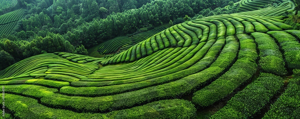 Aerial drone view of shapes of Cha Gorreana tea plantation at Sao Miguel, Azores, Portugal. Aerial drone view of shapes of Cha Gorreana tea plantation at Sao Miguel, Azores, Portugal.