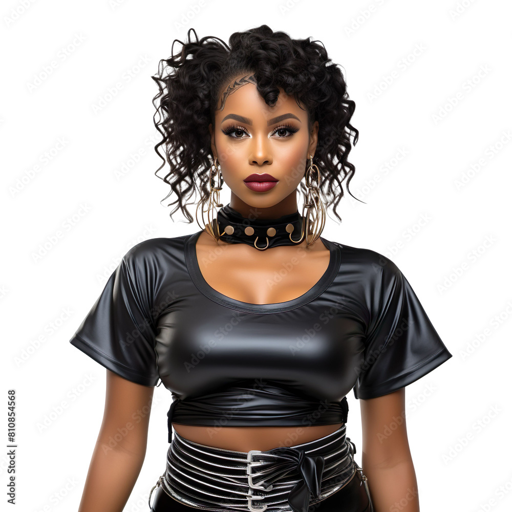Front view close up of a Black African woman dressed in a crop top and high-waisted jeans, isolated on a white transparent background Front view close up of a Black African woman dressed in a crop top and high-waisted jeans, isolated on a white transparent background