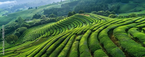 Aerial drone view of shapes of Cha Gorreana tea plantation at Sao Miguel, Azores, Portugal.