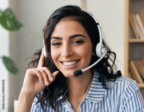 Portrait of Indian female telemarketer gives support consultant services. A female telemarketer gives support consultant services.