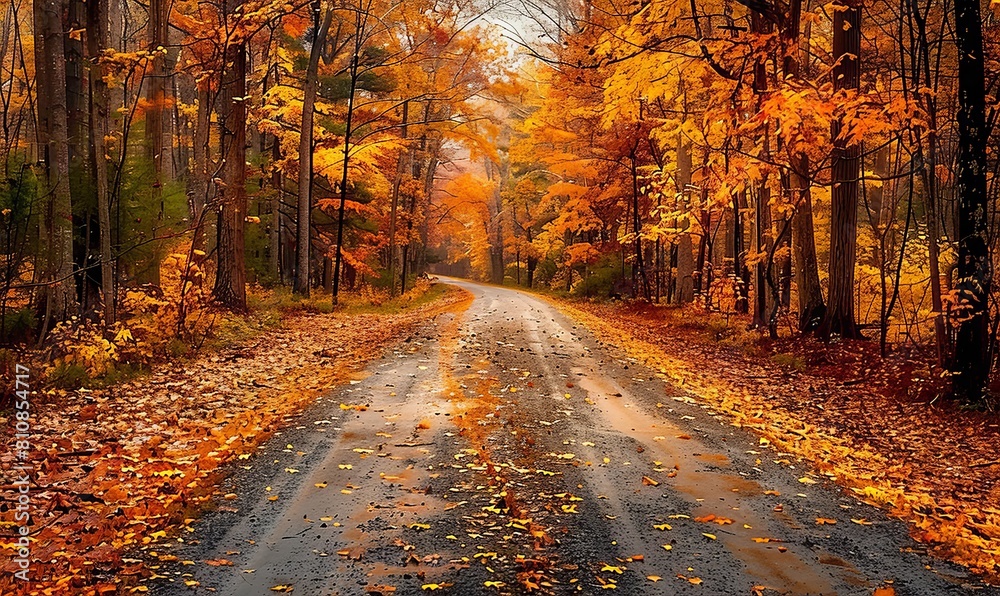 Obraz premium Road through the forest in autumn