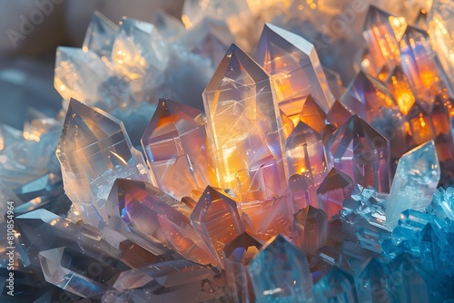 Cluster of quartz crystals on wooden surface photo