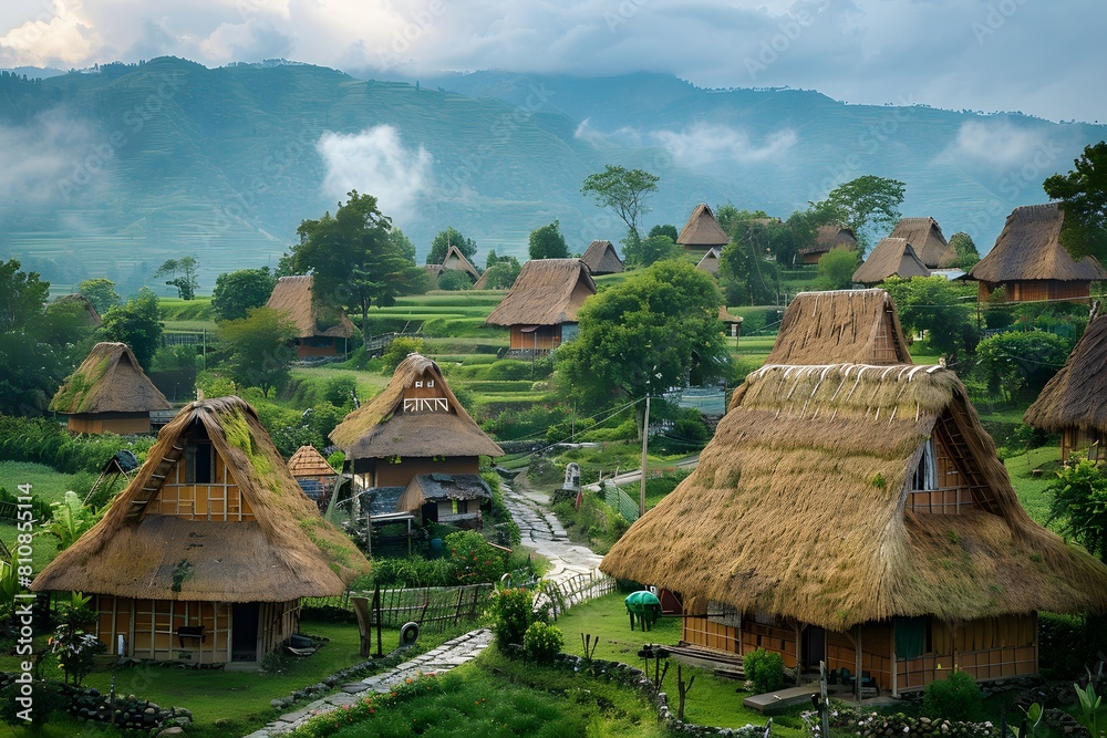 Thatched houses in village with mountain behind