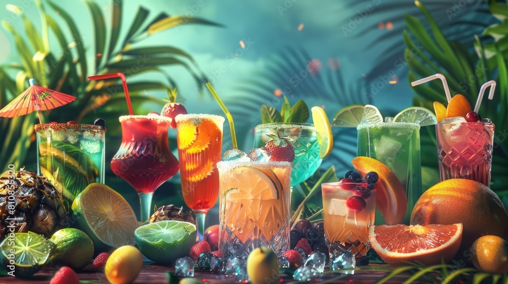Fototapeta premium A variety of drinks displayed on a table, suitable for beverage concepts
