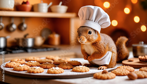  A Cute Squirrel in a Chef’s Hat Presenting a Plate of Delicious Cookies on a Wooden Table. photo