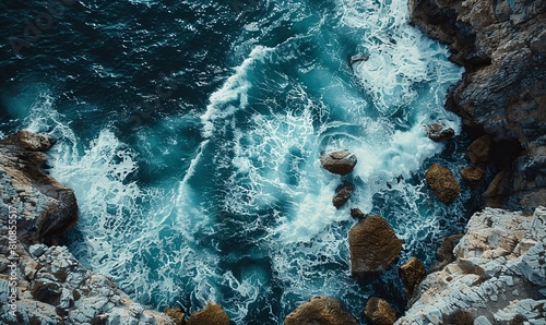 Dramatic Overhead Shot of Rugged Coastline with Rocks and Crashing Waves. Nature Background. © Svitlana