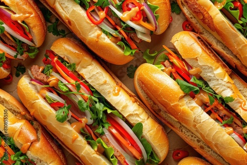 A group of sub sandwiches displayed on a table. Perfect for food and restaurant concepts photo