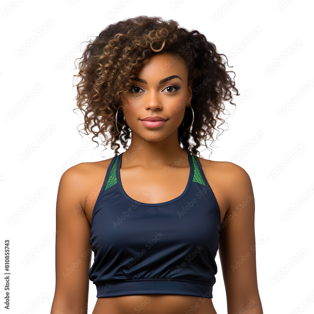 Front view close up of Black African woman dressed in a peridot tank top and navy blue shorts, isolated on a white transparent background Front view close up of Black African woman dressed in a peridot tank top and navy blue shorts, isolated on a white transparent background