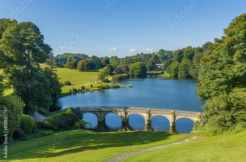 Tranquil Scene of Stourhead Park with Bridge and NeoRomantic House photo