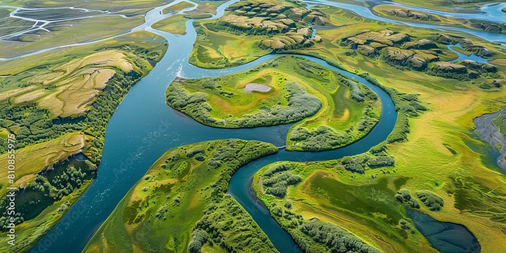 Aerial Photograph of a Glacial River Delta in Iceland with many meandering branches and veins