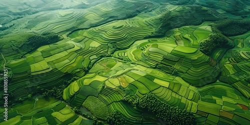 Aerial view of vibrant green undulating fields with natural patterns contrasting with the barren patches