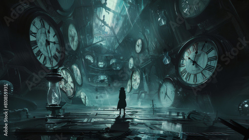 Time flies, a man from behind is standing in a large clock room, time stands still in a dark cave. Fantasy illustration, generative ai