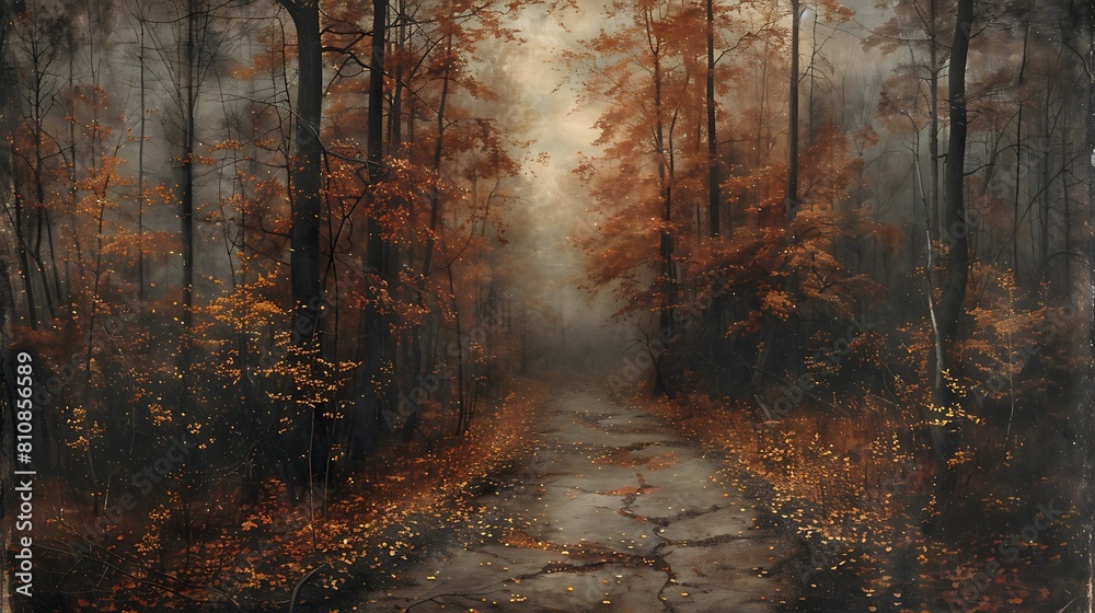 Naklejka premium Walk down a winding path in an autumn forest, with leaves in shades of gold, orange, and red.