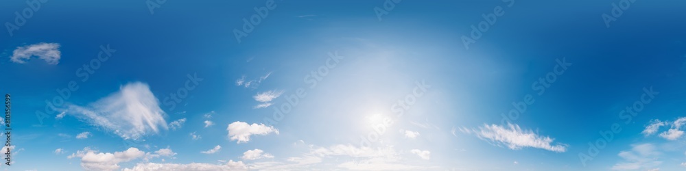 Clear blue summer sky panorama with Cumulus clouds. Seamless hdr spherical 360 panorama. Sky dome in 3D visualization, sky replacement for aerial drone 360 panoramas. Weather and climate change