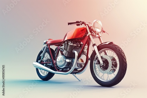 A red motorcycle parked on a clean white floor. Suitable for automotive or transportation concepts
