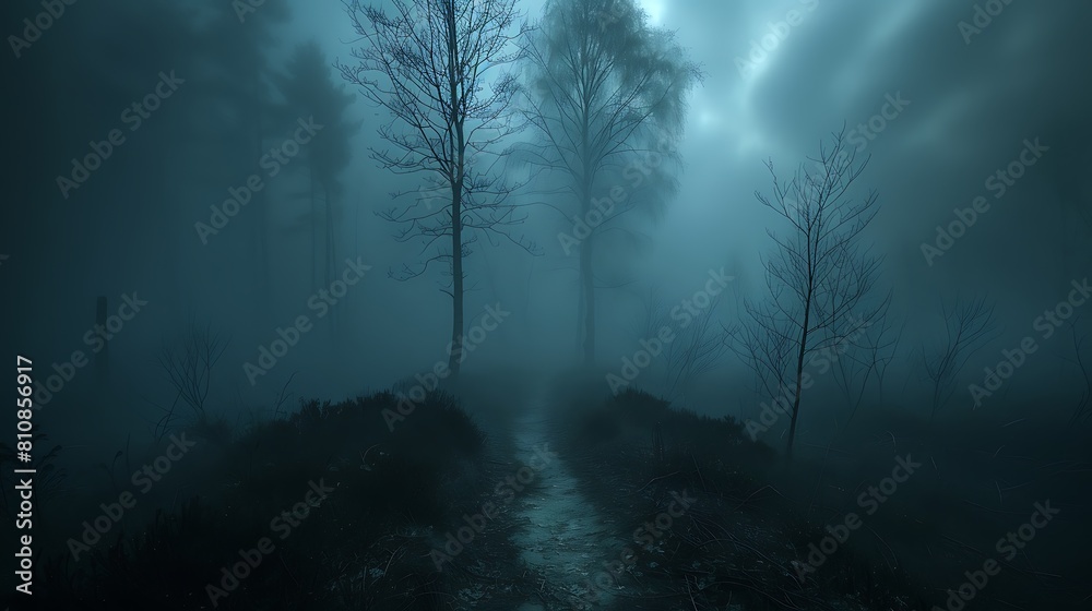 Witness a foggy morning in a haunted forest where each step on the narrow path raises mist around eerie, barren trees.