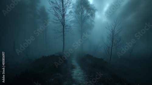 Witness a foggy morning in a haunted forest where each step on the narrow path raises mist around eerie, barren trees. © LuvTK